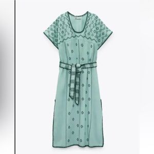 New Zara Embroidered Linen Caftan Tunic Dress